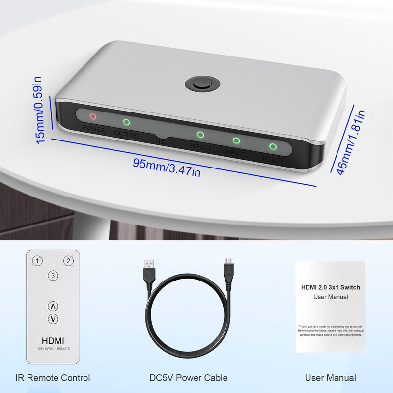 HDMI Switcher 3 in 1 Out, 3 Port HDMI-Splitter with IR Remote Switcher Selector Box Support 4K@60Hz, Plug and Play Compatible with PS 5/4/3 Xbox Switch Roku TV Fire Stick
