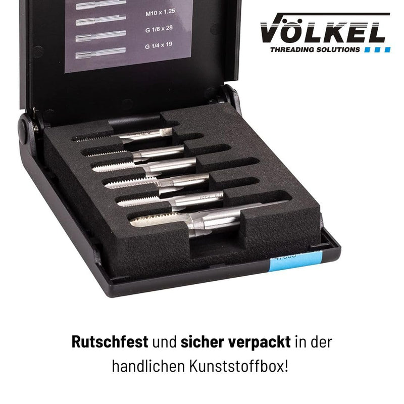 VÖLKEL thread cutter tool set for grease nipples | 6 pcs. Set in plastic box | Professional tap for grease nipple threads | Metric ISO threads and pipe threads G (BSP)