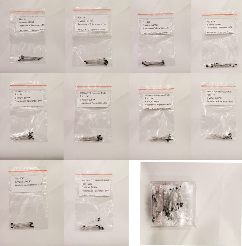 10 Packs 100 Pieces MF52A NTC Thermistor High Accuracy Thermistors Thermal Resistor 100K 50K 47K 20K 10K 5K 4.7K 3K 2K 1K 3950 1%