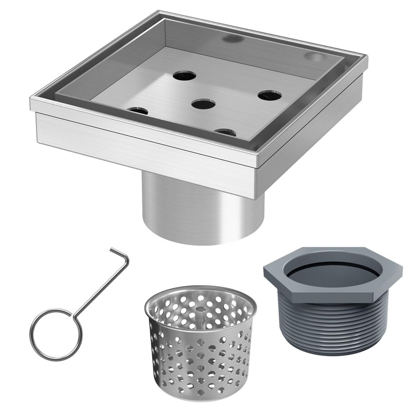Sharpeye 4 Inch Square Shower Drain with Removable Tile Insert Grate, Brushed 304 Stainless Steel Square Shower Floor Drain, Includes Hair Strainer, CUPC Certified Brushed Stainless Steel