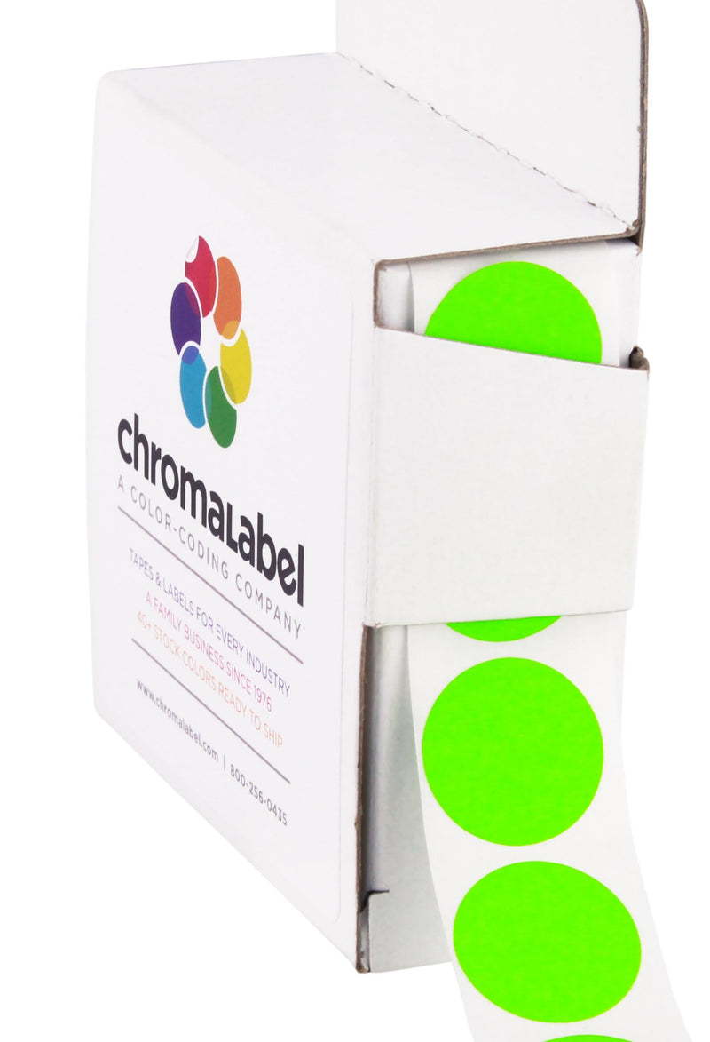 ChromaLabel 3/4 Inch Circle Sticker Labels, High Visibility Round Color Coding Label, Permanent Adhesive Labels - 1000 Sticky Dots per Dispenser Box, Fluorescent Green Stickers
