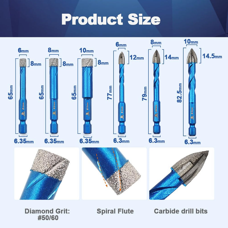 Diamond Drill Bit - BRSCHNITT 10pcs Masonry Drill Bits Set for Porcelain Tile Ceramic Stone Granite Marble,Hex Shank Diamond Hole Saw Drill Bit 10 6/6/8/10mm+6/6/6/8/8/10mm