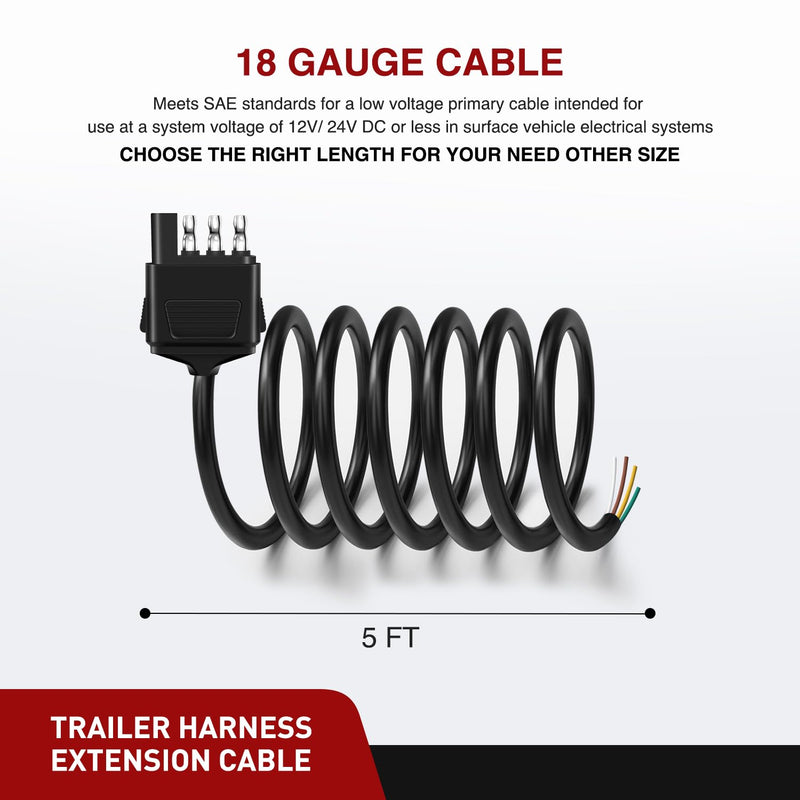 Nilight 4 Way Trailer End Connector 5 Feet Jacketed Cable Heavy Duty 18AWG 4 Pin Trailer Light Plug Pure Copper Trailer Side Male End Replacement 4 Flat Extension Wiring Harness, 2 Years Warranty Male End Jacket Wiring Harness 5FT