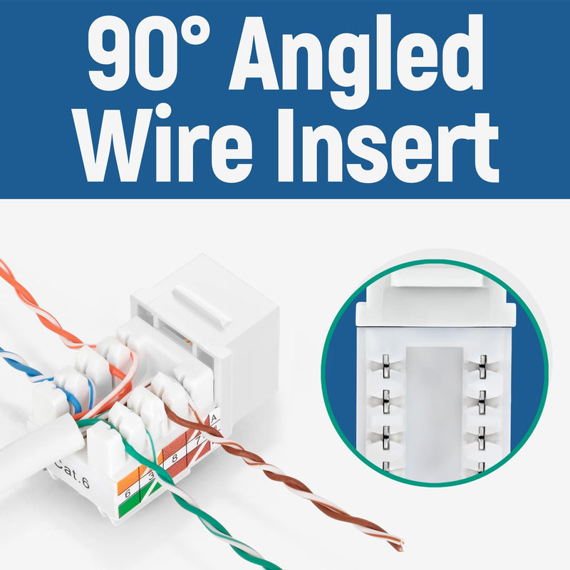 Everest 90° Angled Cat6 Keystone Jacks 50-Pack in White - Slim Profile Female RJ45 Connectors - RJ45 Keystone Jack - Ethernet Wall Jack - Cat 6 Keystone Jack - Cat 6 Wall Jack - Cat 6 Jack Quantity 50