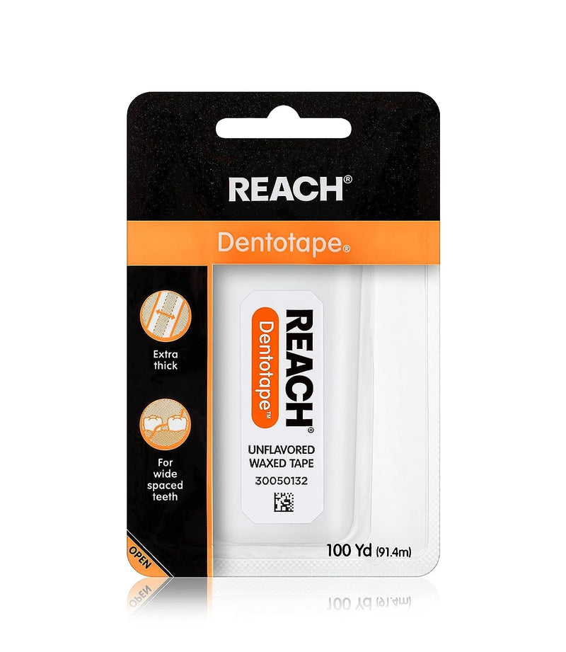 Reach Dentotape Waxed Dental Floss with Extra Wide Cleaning Surface for Large Spaces between Teeth, Unflavored, 100 Yards(6pk)