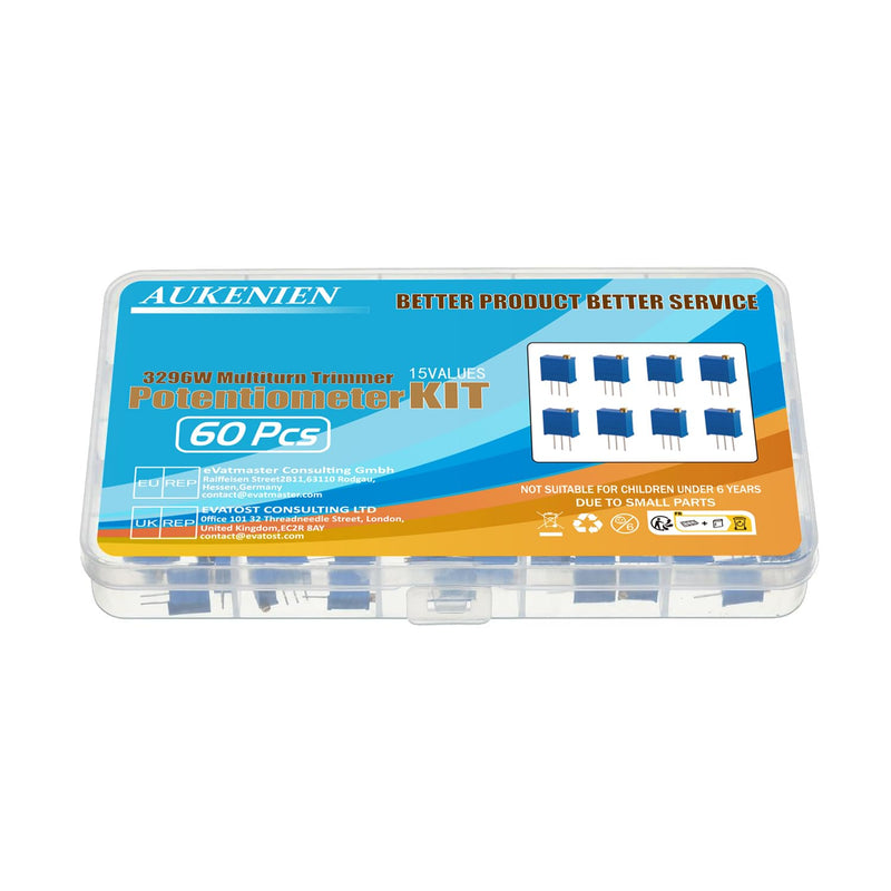 AUKENIEN 15 Values 60 Pieces 3296W Trimmer Potentiometer 10 50 100 200 500 1K 2K 5K 10K 20K 50K 100K 200K 500K 1M Ohm Variable Resistance Assortment Kit