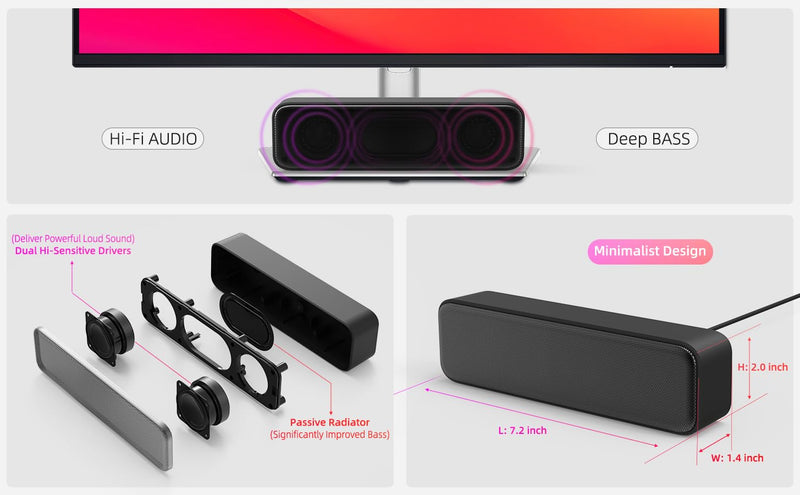 Computer Speakers for Desktop PC, External Speakers for Laptop, Mini Computer Soundbar for PC, Wired USB Plug in Speakers with Loud Sound, Deep Bass, Wide Compatibility – Bult-in USB C to USB Adapter YFQ86