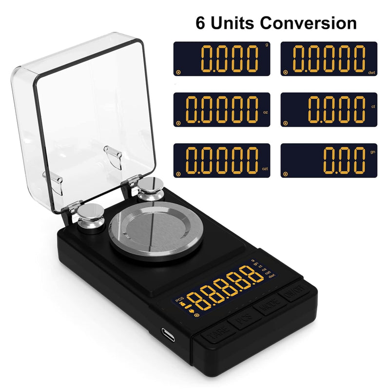 Reloading Scale 50 x 0.001g High Precision Gem Scale Supplement Powder Scale Milligram Includes 20g Calibration Weight, 2 Scoops, 4 Weighing Powder Pans Tweezers Read in Grain Gram Carat DWT oz ozt Silver