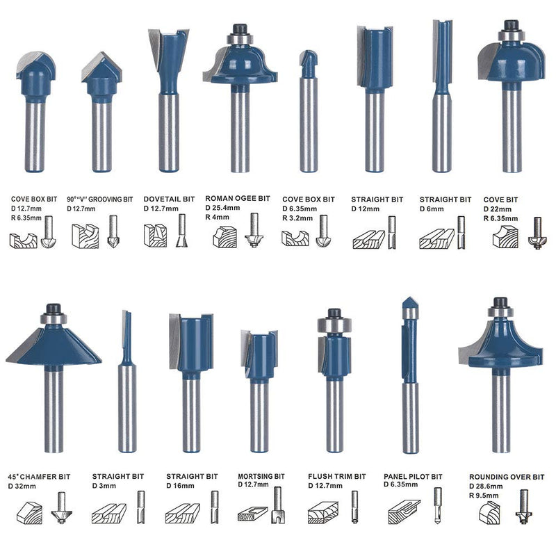 flintronic milling cutter set, 6.35 mm milling tool set, 15-piece wooden case, forged tool steel router, flush cutter, wood cutter with plastic box, floor cleaning for woodworking, blue, 15 pieces, 15 pieces, 6.35 mm
