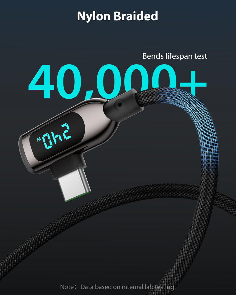 240W Right Angle USB C to USB C Cable [10ft/2Pack],Nylon Braided Type C Fast Charging Cable with LED Display for lPhone 16/15 Pro Max, Galaxy S25/S24 Ultra, MacBook, Laptop,Black 10FT-2Pack