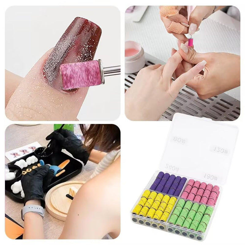 120 Stück Schleifhülsen Nagelfräser, 4 Farben farbcodierte Schleifkappen, universelle Aufsätze für elektrische Nagelfeile Nail Drill, Schleifbänder für Maniküre Pediküre Gelnägel Naturnägel