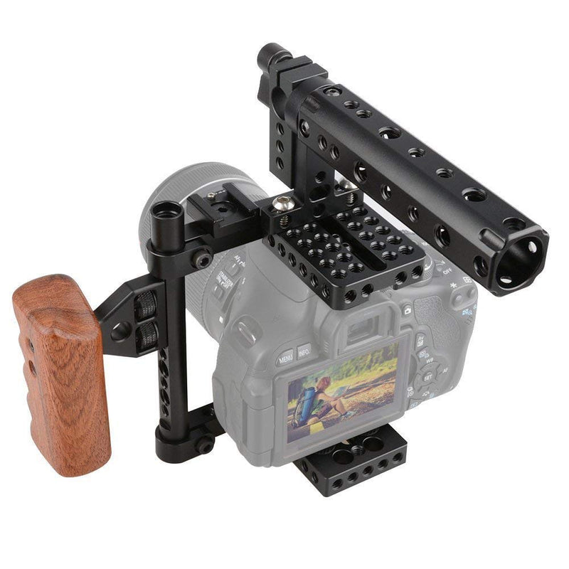 CAMVATE DSLR Camera Cage Top Handle Wood Grip + Cold Hot Shoe(2 Pieces) for DSLR Camera Rig