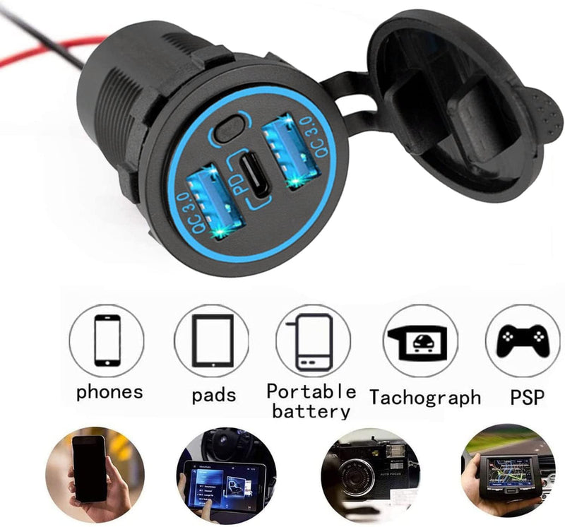12v usb charger, PD 20W USB-C Power Socket and 18W QC3.0 Socket Waterproof Power Outlet 12V/24V with Power Switch 12V USB C Outlet for Car Golf Cart Boat Marine Bus Truck RV Marine Motorcycle etc.