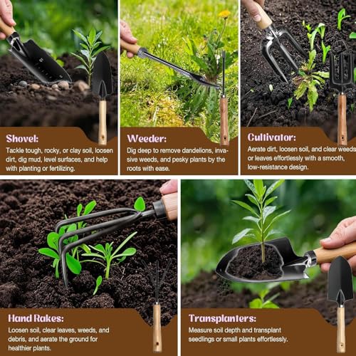 Gardening Hand Tools,14 Pieces Stainless Steel Heavy-Duty Gardening Hand Tools with Delicate Storage Bag, Aprons and Anti-Slip Rubber Gloves, Ideal Gardenings Gifts for Women