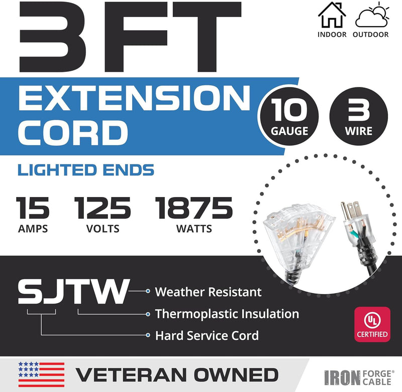 Iron Forge Cable 3 ft Lighted 10 Gauge Extension Cord 3 Outlets - Heavy Duty Extension Cord Outdoor with Multiple Outlets 15 AMP, 10/3 Black Power Cable SJTW Weatherproof 3 Prong Grounded Plug 3 Foot