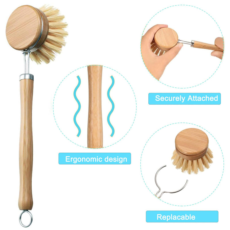 Dish Brush with Wooden Handle, Bamboo Kitchen Cleaning Brush, Natural Dish Scrub Brush for Vegetable, Pots and Pans, Scrubber,Includes 5 Replacement Brush Heads (5Pcs)
