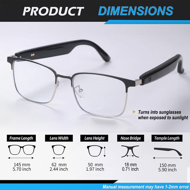 Smart Bluetooth Glasses for Women Men with Speaker Physical Color-Change Anti-Blue Light Polarized Built-in Microphone for Android iOS (Silver Frame) Silver-Physical color-chang lens
