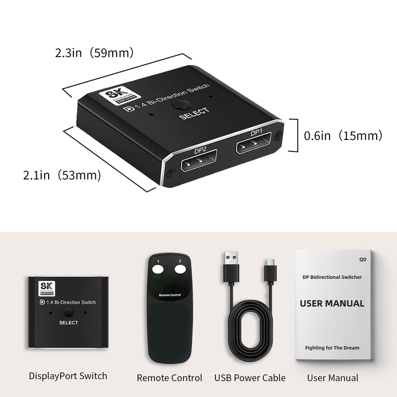 8K Bidirectional DisplayPort Switch 2 in 1 Out/ 1 in 2 Out DP 1.4 Switch Display Port Switcher for PC Monitor Laptop Etc Dark black