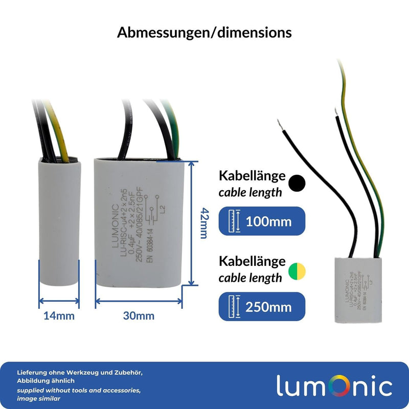 Lumonic Suppression Capacitor 0.4µF 2x2.5nF 250VAC I 42x30x14 mm I -40...+85° I 3 Connection Cables I 0.4uF I EMC Capacitor I for Household Appliances, Power Tools, Building Technology, Industrial Applications