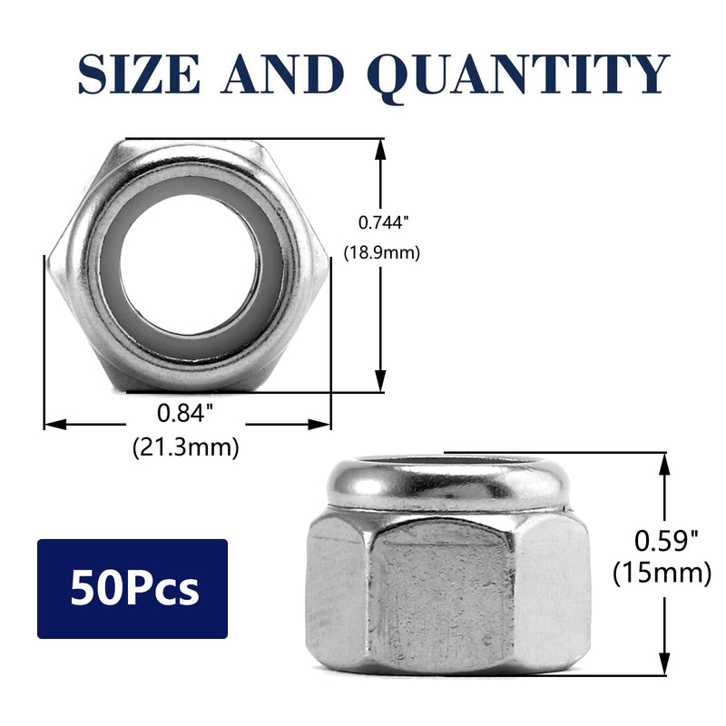 1/2-13 Nylon Insert Hex Lock Nuts 50Pcs 304 Stainless Steel Locknuts, Hex Drive, Bright Finish, by SG TZH 50 1/2-13