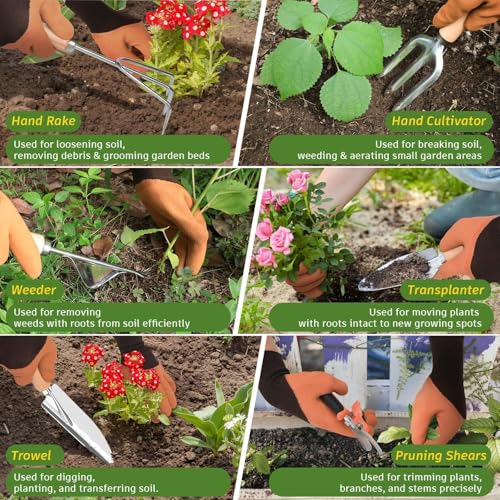 22Pcs Gardening Tools Set for Women Heavy Duty Garden Hand Tool Kit Birthday Gifts for Mom Her Wife Grandma Beginner Gardening Accessories with Tote Bag/Shovel/Repotting Mat/Plant Labels/Gloves-Black Black