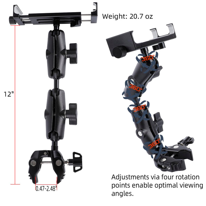 Aluminum Dual Arm Tablet Mount with Super Clamp for Rails 0.5'' to 2'' in Diameter, Side Mount Tablet Holder for Mic Stand, Compatible with iPad Pro 12.9 Air Mini, Galaxy Tab, 4.7-12.9" Tablets