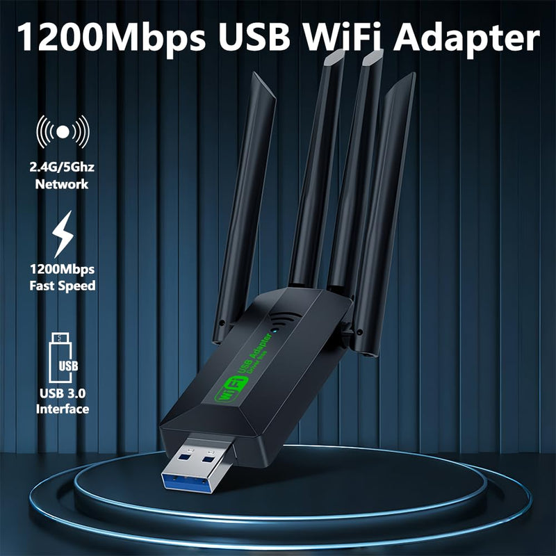 USB Adapter, 1200Mbps Dongle USB 3.0 Dual Band 5G 2.4G, Network Adapter for Desktop Laptop PC, Dual 5dBi Antennas, Supports