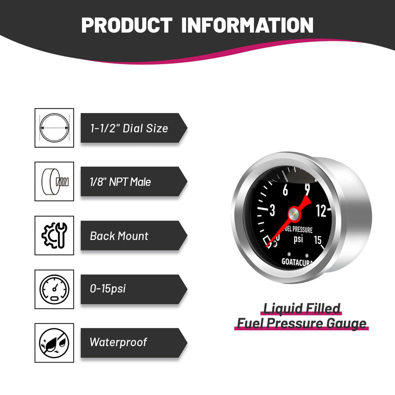 0-15psi Glycerin Filled Fuel Pressure Gauge, 1-1/2" Black Dial Size, 304 Stainless Steel Case, 1/8" NPT Center Back Mount, with High Accuracy, for Measuring Fuel Pressure 0-15psi Back Mount(Black Dial)