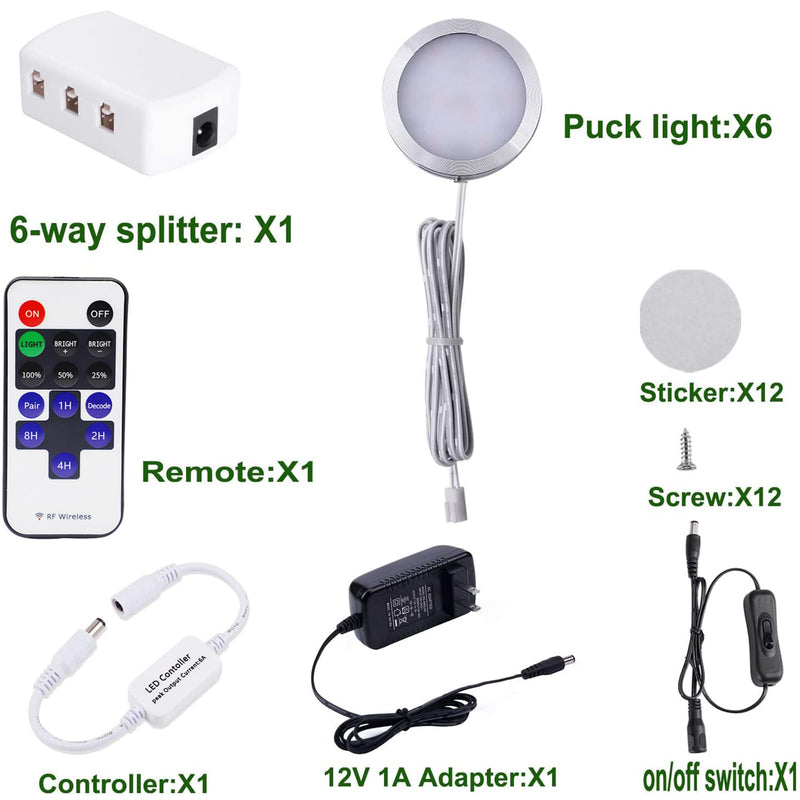 AIBOO LED Under Cabinet Lighting Fixture Kitchen Under Counter Lights with Plug in and Wireless RF Remote Control, 6 Thin Cabinet LED Puck Light Kits (4000K Natural White) 4000K Natural White