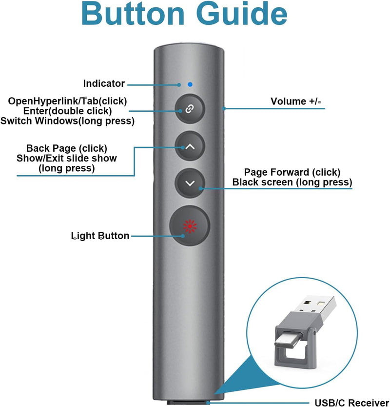 Rechargeable Presentation Clicker, 2 in 1 USB-A USB-C Metal Wireless Remote Powerpoint Slide Clicker with Volume Control for PPT/Mac/Laptop/Computer, Google Slide Advancer Bright Red Light