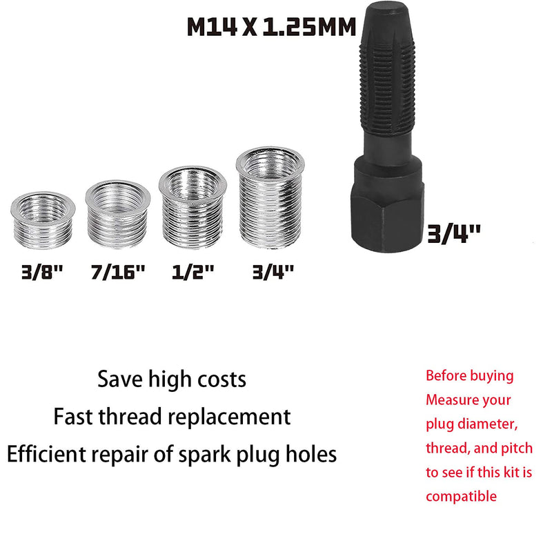 ZKTOOL 14mm Cylinder Head Rethreaded Kit, Spark Plug Thread Repair Kit,14mm Reamer Cylinder Thread Repair Tool,Spark Plug Rethreader Kit,4 Thread Insert. M14 x 1.25