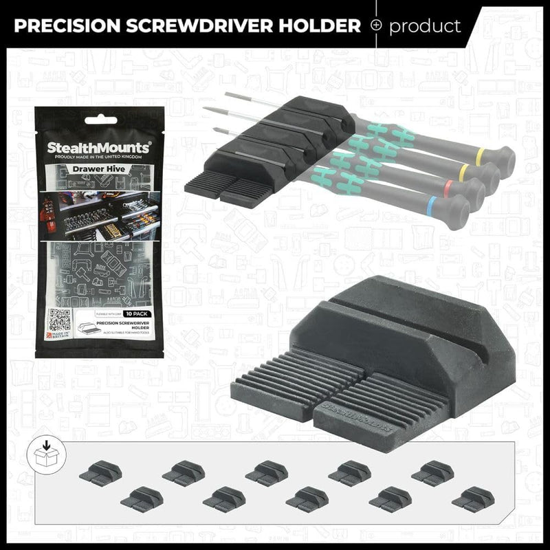 StealthMounts Drawer Hive Precision Screwdriver Holder - 10 Pack | Modular Toolbox Organizer for Professional and DIY Mechanics | Injection Molded TPE | Made in UK