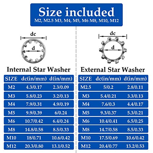 400Pcs 8 Size 304 Stainless Steel External Internal Tooth Star Lock Washer Circlip Snap Spring Ring Assortment Kit M2 M3 M4 M5 M6 M8 M10 M12