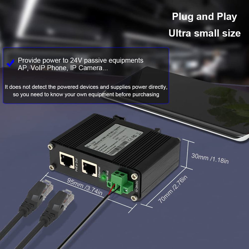 Industrial Gigabit Passive 24V PoE Injector Hardened PoE Adapter with 12-24V DC Input 24V PoE Output DIN- Rail /Wall Mount Industrial Passive 24V PoE Injector