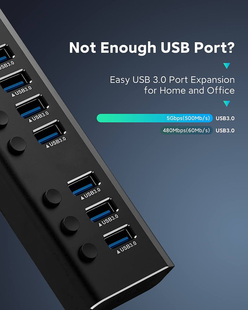 USB Hub 3.0 Powered Rosonway Aluminum 7 Ports USB 3.0 Data Hub Splitter with 24W (12V/2A) Power Adapter and Individual On/Off Switches USB Port Expander for PC and Laptop (RSH-A37S) 7-Port Powered USB 3.0 Hub