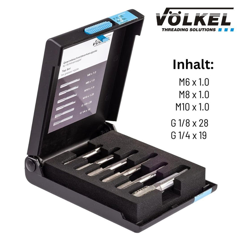 VÖLKEL thread cutter tool set for grease nipples | 6 pcs. Set in plastic box | Professional tap for grease nipple threads | Metric ISO threads and pipe threads G (BSP)