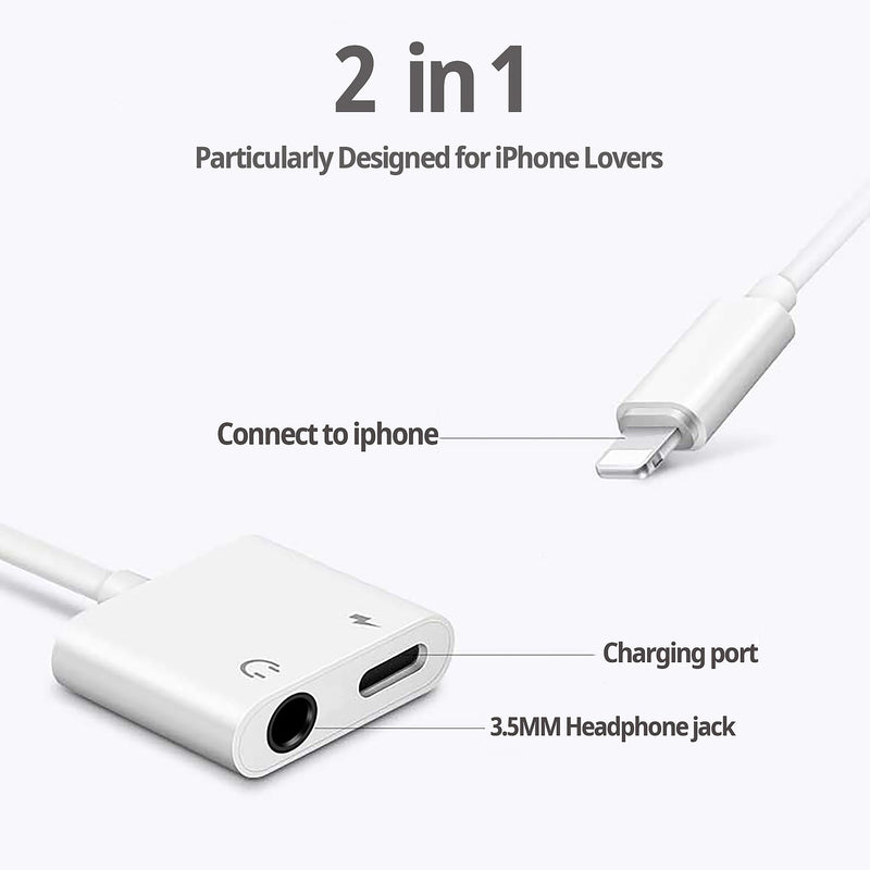 [Apple MFi Certified] 2 Pack Lightning to 3.5mm Headphone Jack Adapter, 2 in 1 Headphone Adapter Aux Audio and Charger Adapter Dongle Cable Splitter Compatible with iPhone14/13/12/11/XS/XR