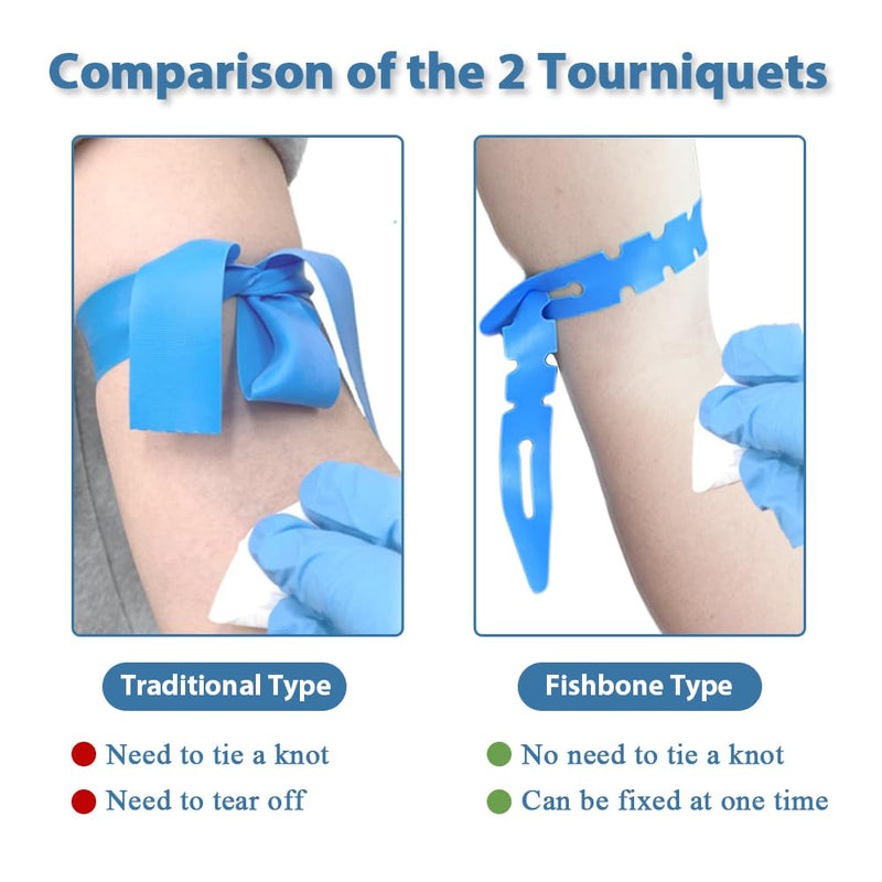 Disposable Tourniquet with Fish Bone Design, Latex-Free, TPE, 17 Inches Long, Pack of 25, Blue