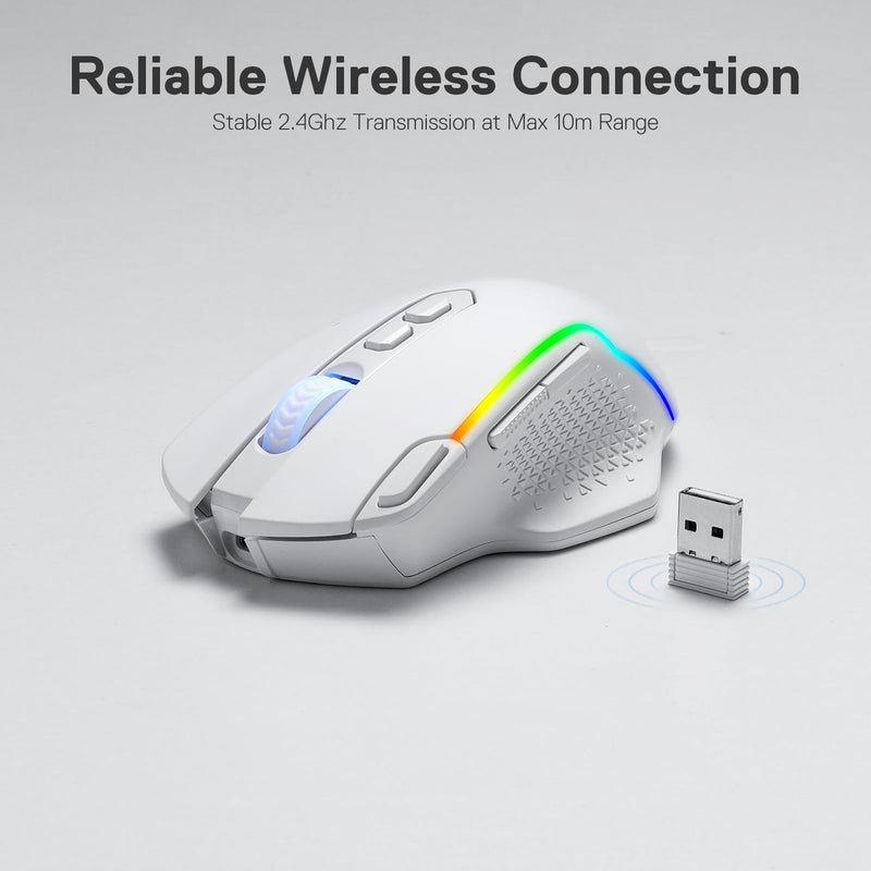 Redragon M810 Pro Wireless Gaming Mouse, 10000 DPI Wired/Wireless Mouse w/Rapid Fire Key, 8 Macro Buttons, 45-Hour Power Capacity and RGB Backlit for PC/Mac/Laptop White