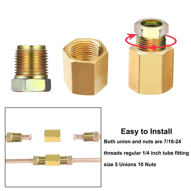 MuHize Brake Line Fittings - Upgraded 15 Pieces 7/16-24 Threads Brake Union Fittings Assortment for 1/4” Brake Line Tube (5 Unions, 10 Nuts) For 1/4" Tube