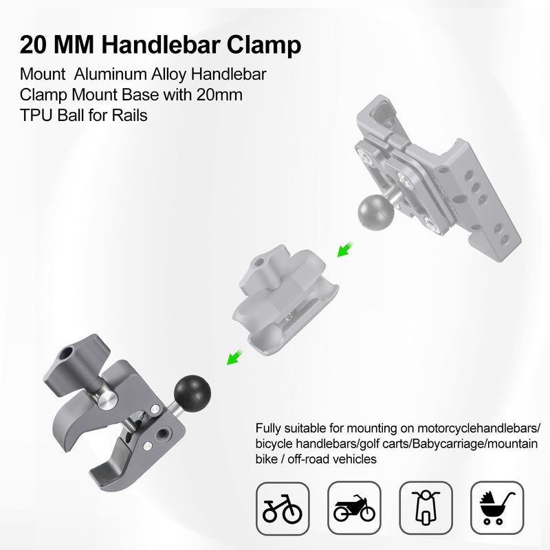 FANAUE Aluminum Alloy Handlebar Clamp Mount Base with 20mm Ball Head Adapter for Rails 0.5'' to 2'' Diameter Compatible with 20mm Ball Double Socket Arm & Bike Motorcycle Phone Holder