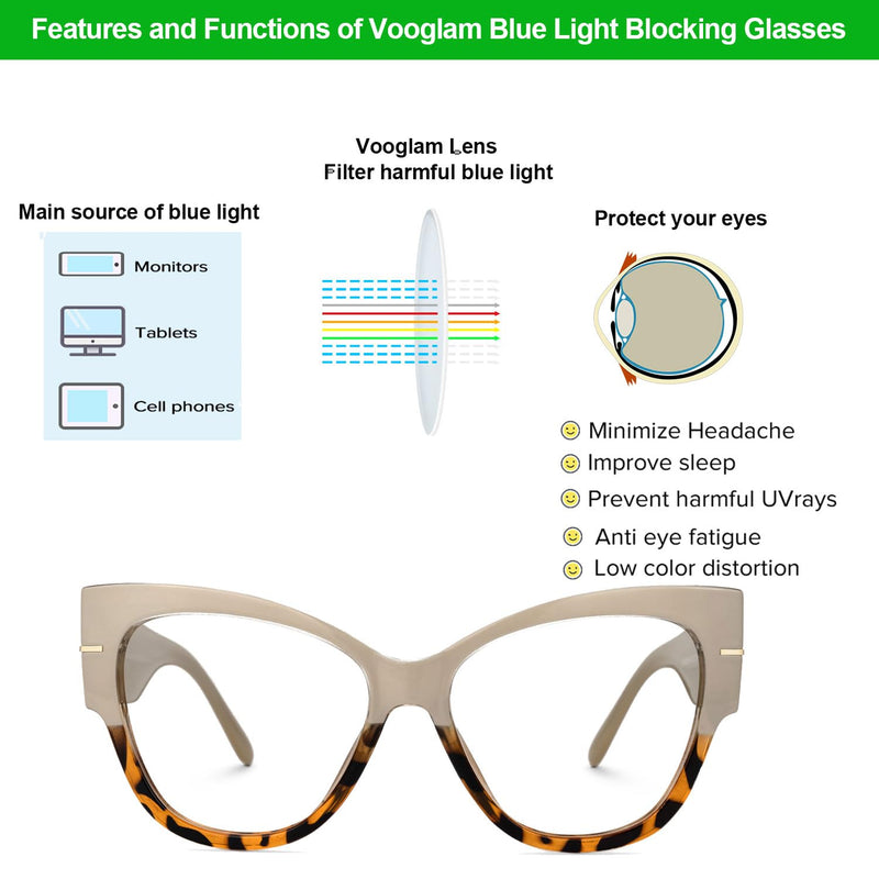 VOOGLAM Oversize Cateye Blue Light Glasses for Women Anti Eyestrain Dry Eyes Computer Phone TV Eyewear Elektra Brown Tortoise Clear