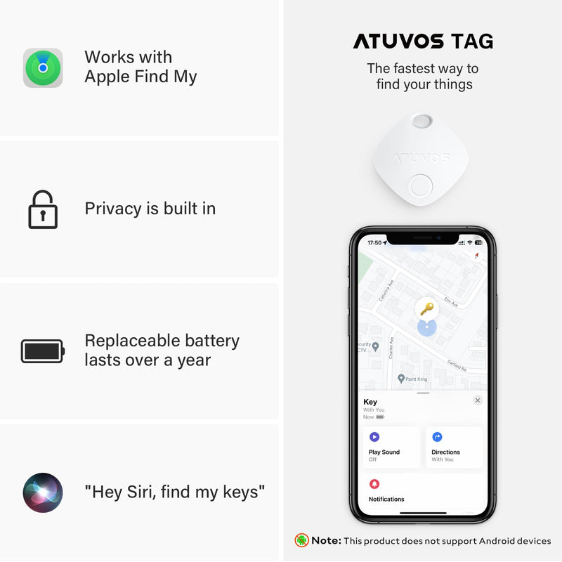 ATUVOS Luggage Tracker & Key Finder 2 Pack, Smart Bluetooth Tracker Pairs with Apple Find My (iOS Only), Item Finders for Key, Wallet, Suitcases, Bags, Waterproof IP67, Replaceable Battery, Anti-Lost 2-pack