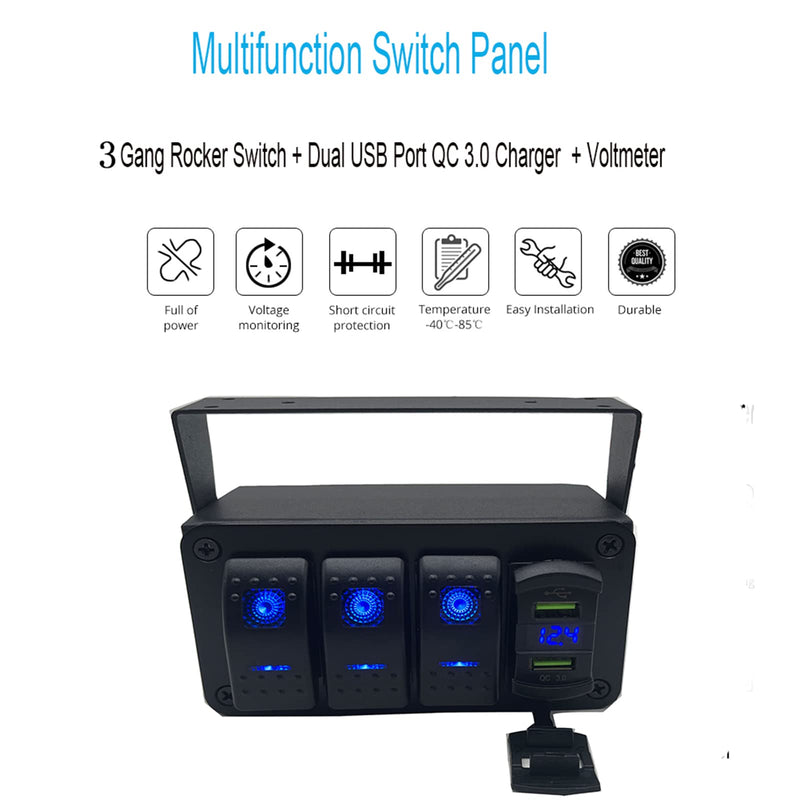 Marine Boat Panel 3 Gang Rocker Switch Box 12V ON Off Switch Quick Charge 3.0 Dual USB Charger Voltmeter Waterproof Aluminum Rocker Switch Panel Night Glow Stickers for Boats RVs Trucks Cars 3 Gang Switch Box