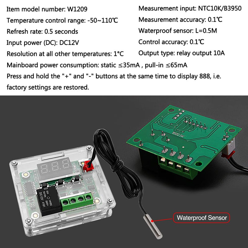 VooGenzek Pack of 2 W1209 Temperature Controller Module with Housing, 12V DC Micro Digital Thermostat -50-110°C Electronic Temperature Temp Control Module Switch, with NTC Sensor Probe (Red & Blue) Temperature Controller with Housing