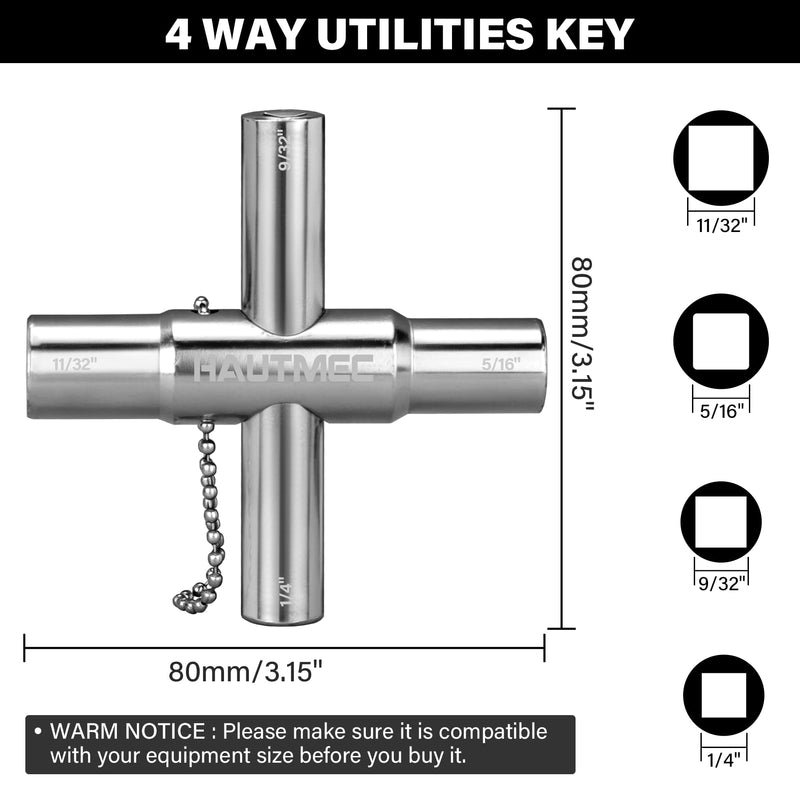 HAUTMEC 5pcs 4 Way Sillcock Water Key Faucet Valve Tool Spigot Key 1/4", 9/32", 5/16", 11/32" PL0028-5 5 Pack Silver