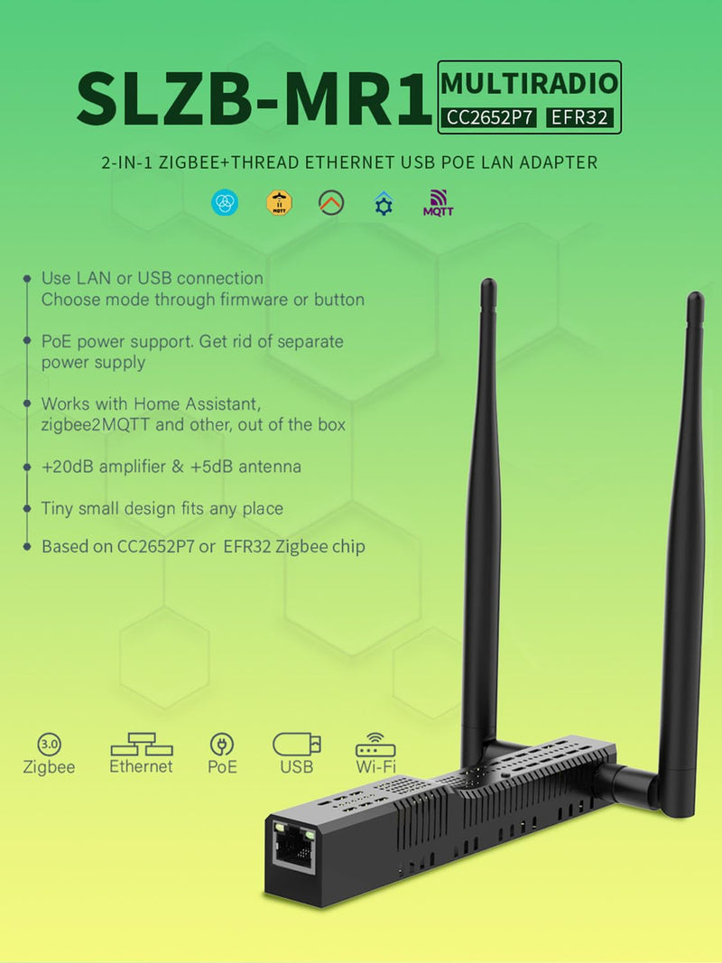 SMLIGHT SLZB-MR1 - Zigbee 3.0 to Ethernet,USB,and WiFi Gateway Coordinator with PoE,Universal Gateway for Home Assistant/ Zigbee2MQTT/ZHA,Wireless Zigbee 3.0 USB Adapter