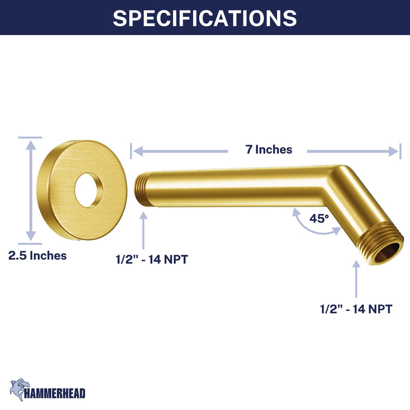 HammerHead® Solid Metal Shower Arm and Flange - 7.5 Inch 304 Stainless Steel Extension Pipe - Universal Shower Head Arm with Flange and Locking Screw, Brushed Gold