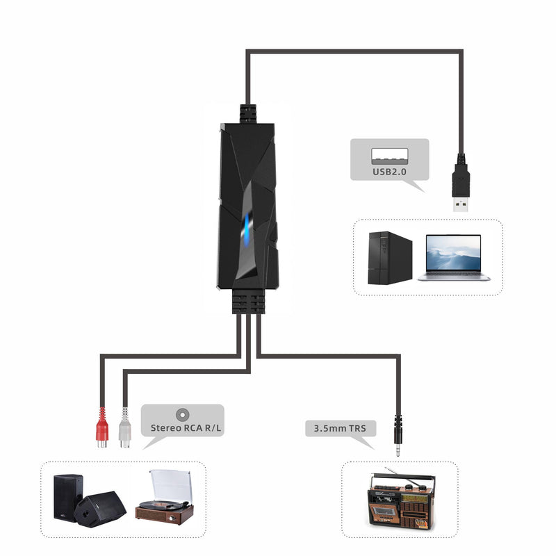 DigitalLife USB C Audio Capture Card, Analog to Digital Converter with RCA & 3.5mm Inputs, Transfer Cassette Tapes & Other Audio Devices to MP3, Compatible with Windows 11, macOS & Linux