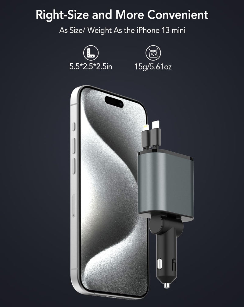 Retractable Car Charger, 4 in 1 Fast Car Phone Charger 66W, 2 Retractable Cables and USB Car Charger, USB C Car Charger for iPhone 15/14/13/12/11, Galaxy, Pixel Type C+Lightning (Pink)